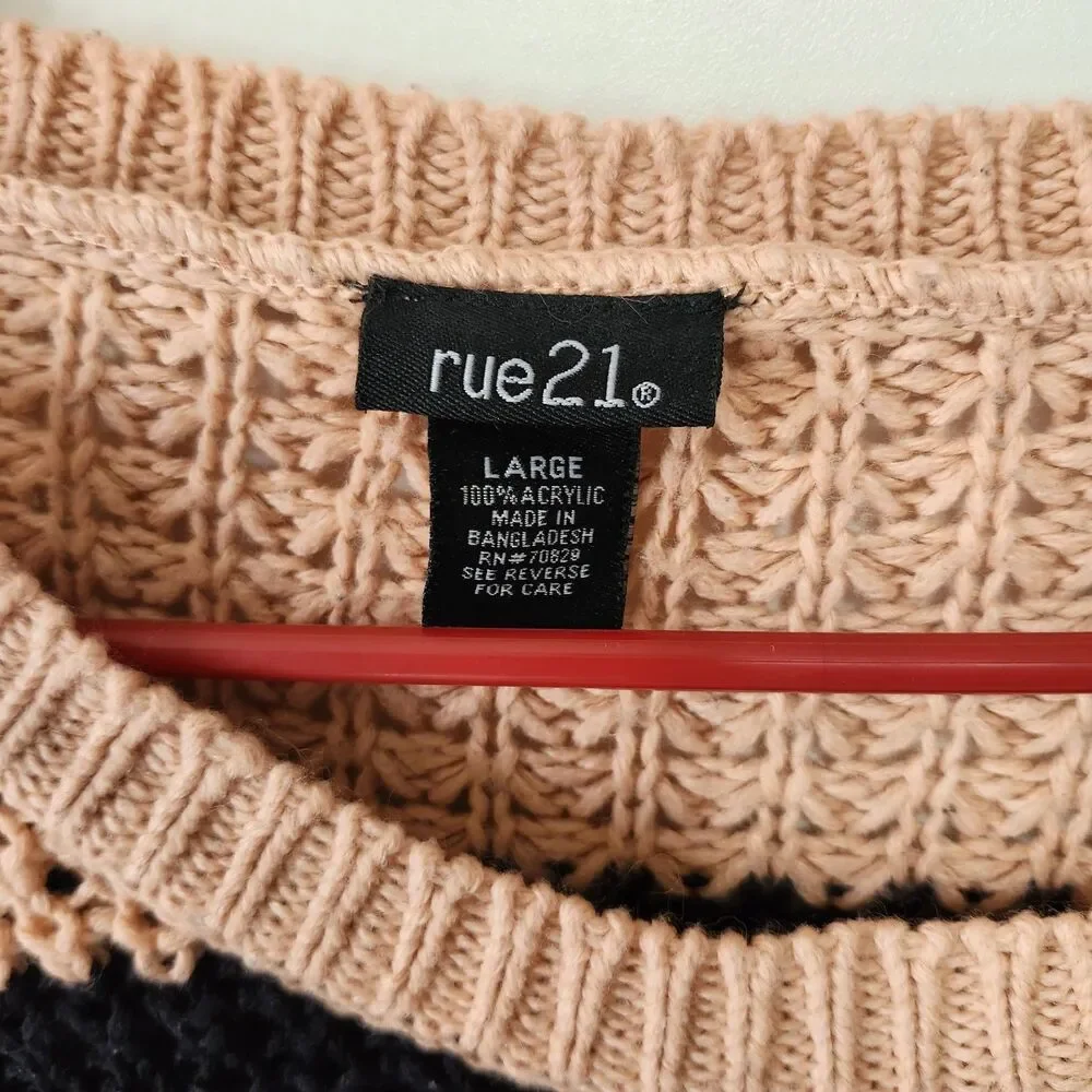 Rue21 Striped Knit Sweater Large Peach Navy High Low Hem Crew Neck Preppy Y2K - Picture 3 of 8